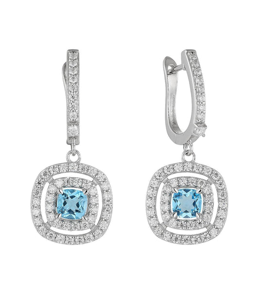 Blue Topaz Halo Drop Earrings in 925 Sterling Silver with Moissanite & Rhodium Finish | Rose Joy