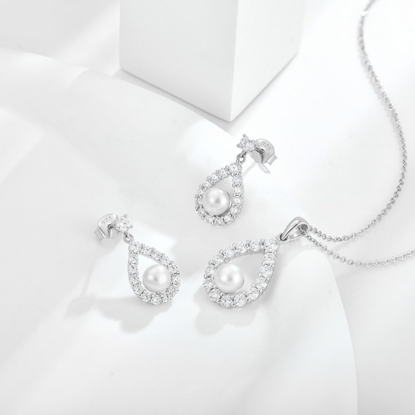 Pearl Drop Earrings with Moissanite Halo – Sterling Silver | Rose Joy