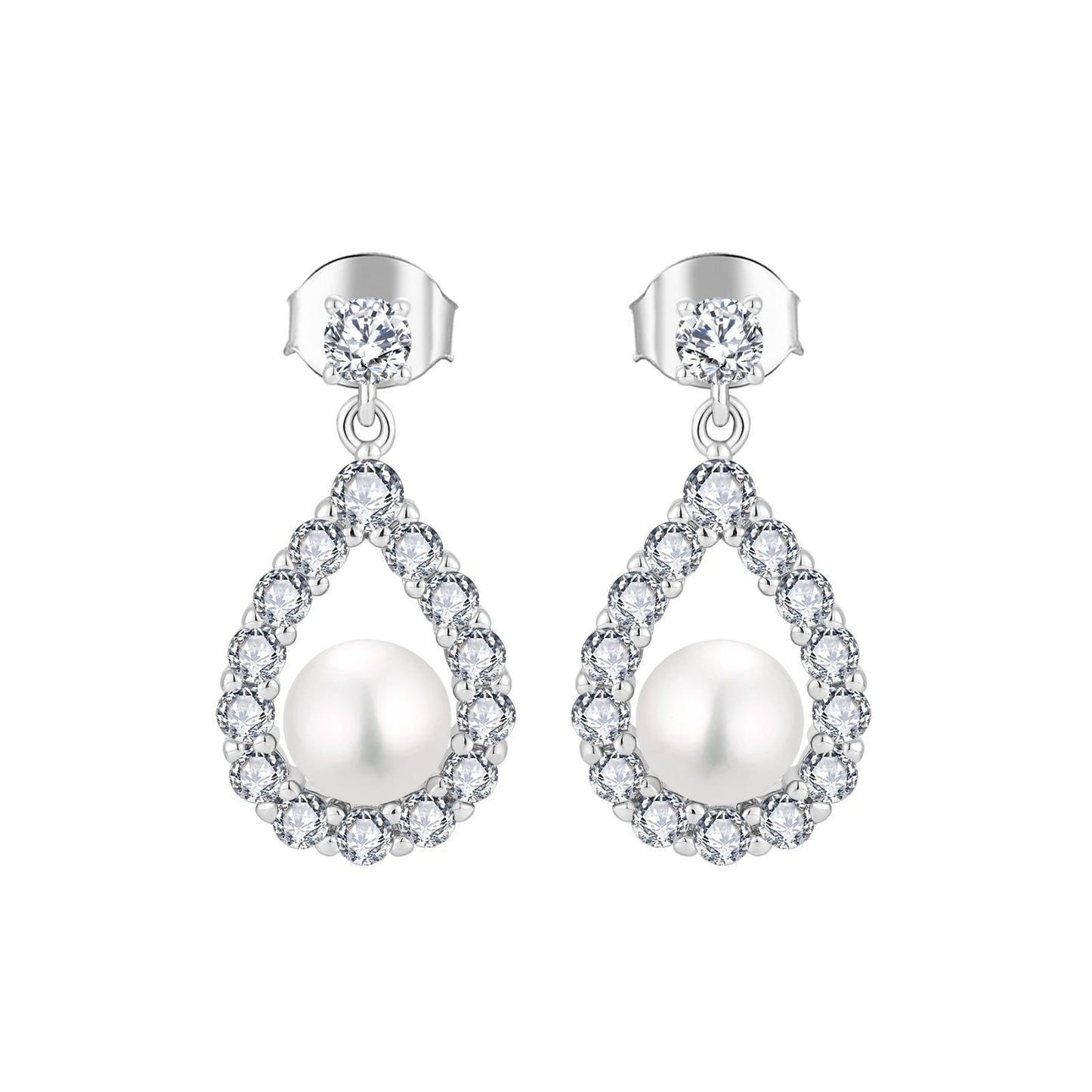Pearl Drop Earrings with Moissanite Halo – Sterling Silver | Rose Joy