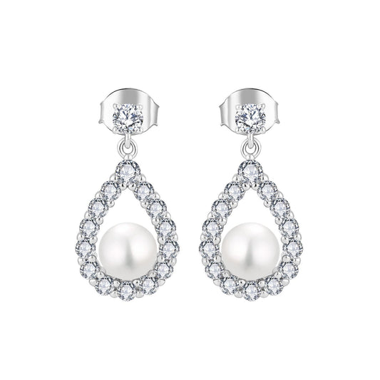 Pearl Drop Earrings with Moissanite Halo – Sterling Silver | Rose Joy