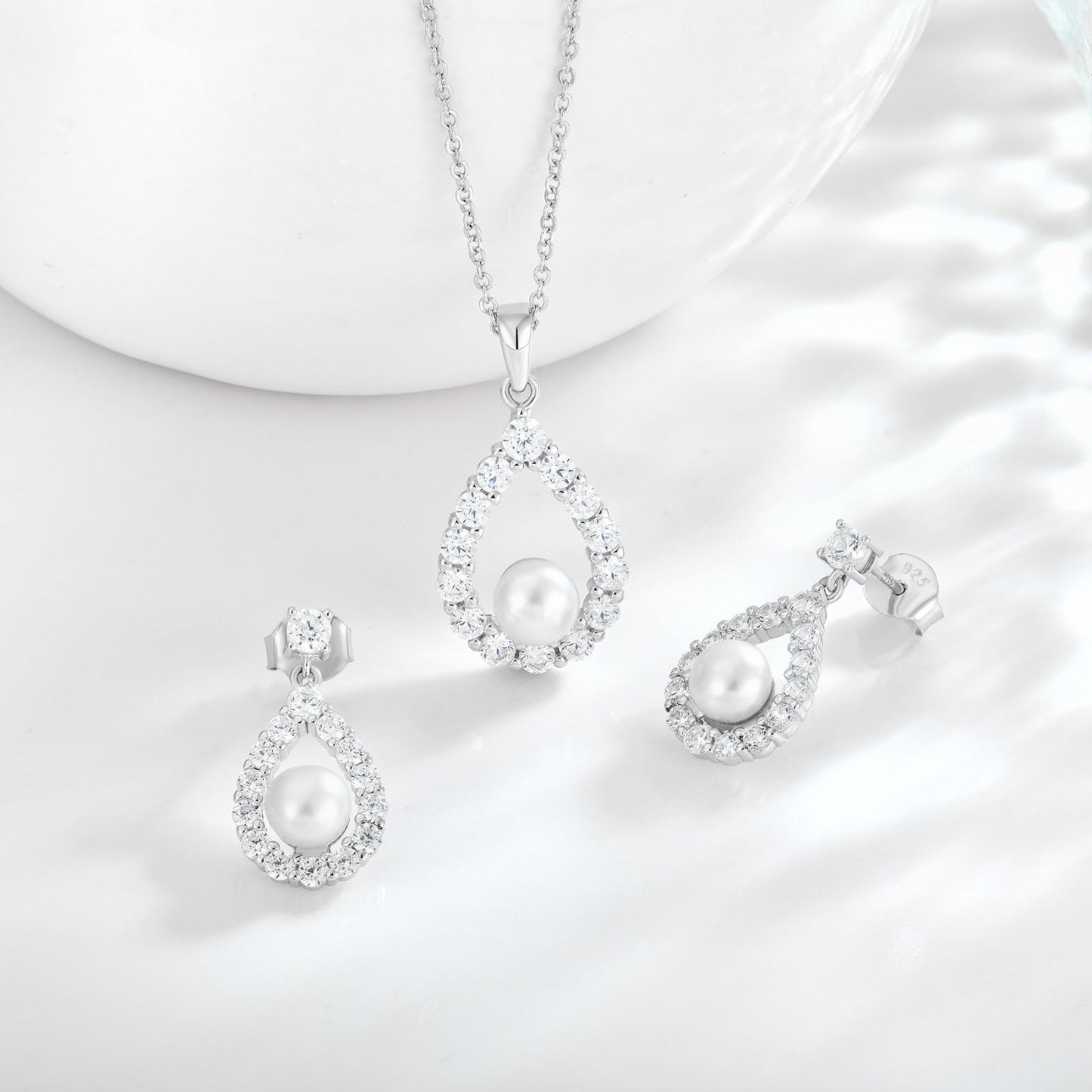 Freshwater Pearl Drop Earrings UK | Moissanite Teardrop Silver | Rose Joy