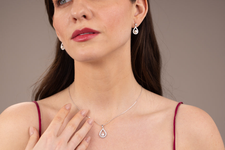 Freshwater Pearl Drop Earrings UK | Moissanite Teardrop Silver | Rose Joy