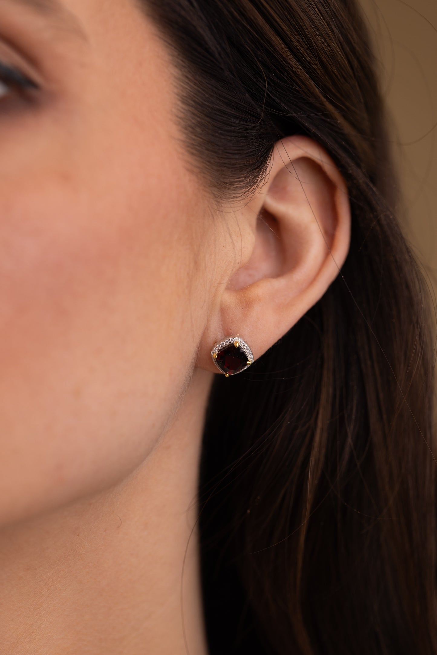 Garnet Stud Earrings UK – Moissanite Halo, Gold & Silver | Rose Joy