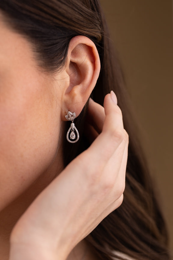 Moissanite Drop Earrings UK – Teardrop Halo Sterling Silver | Rose Joy