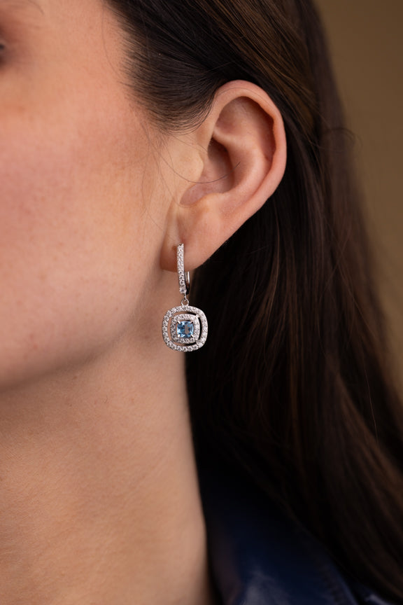 Blue Topaz Halo Drop Earrings in 925 Sterling Silver with Moissanite & Rhodium Finish | Rose Joy