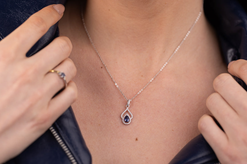 Heirloom Blue Sapphire & Moissanite Teardrop Necklace in 925 Sterling Silver