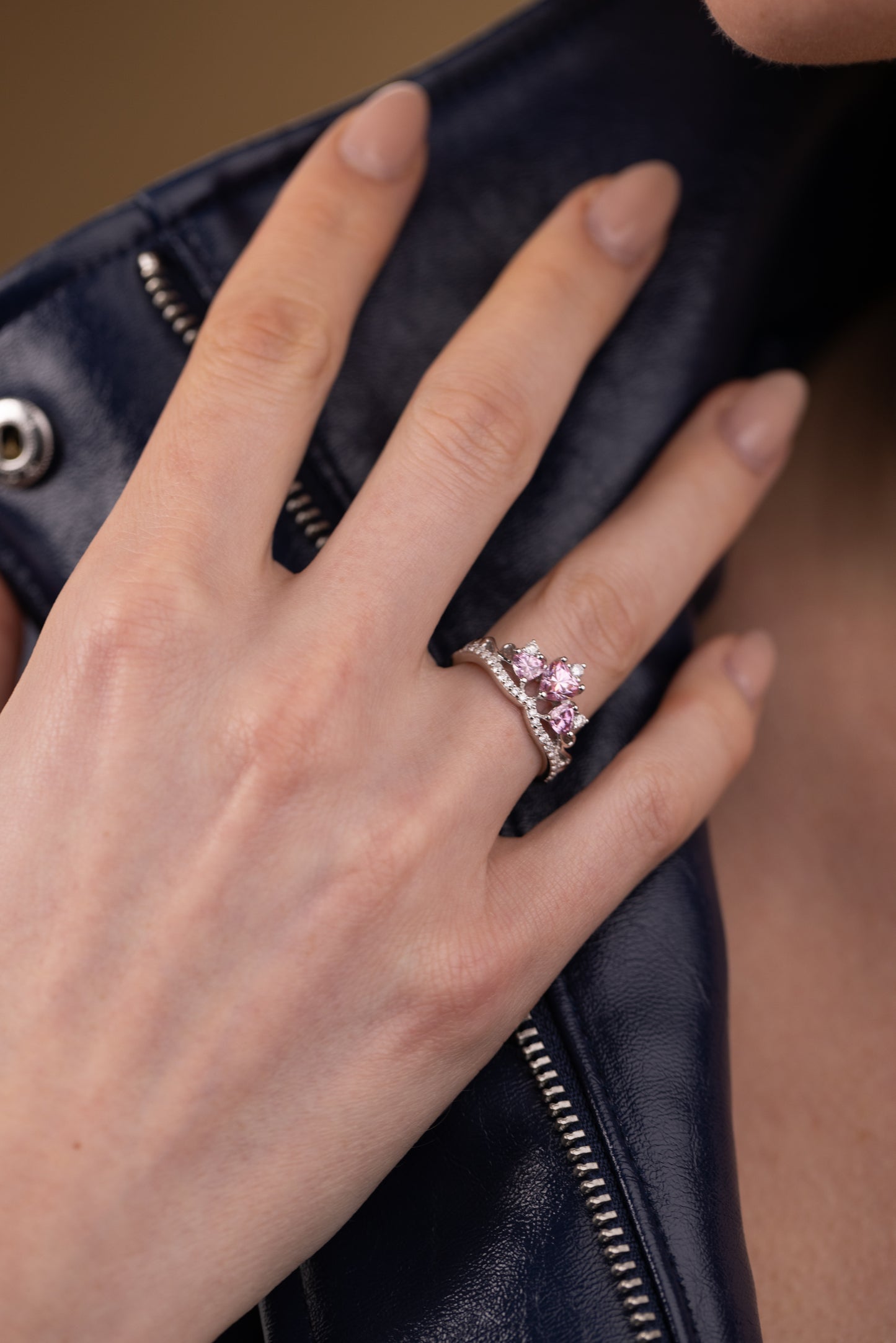 Pink Moissanite Cluster Ring UK – Sterling Silver Floral Design | Rose Joy