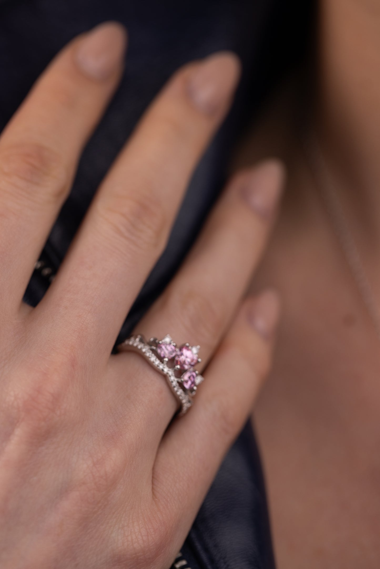 Pink Moissanite Cluster Ring UK – Sterling Silver Floral Design | Rose Joy