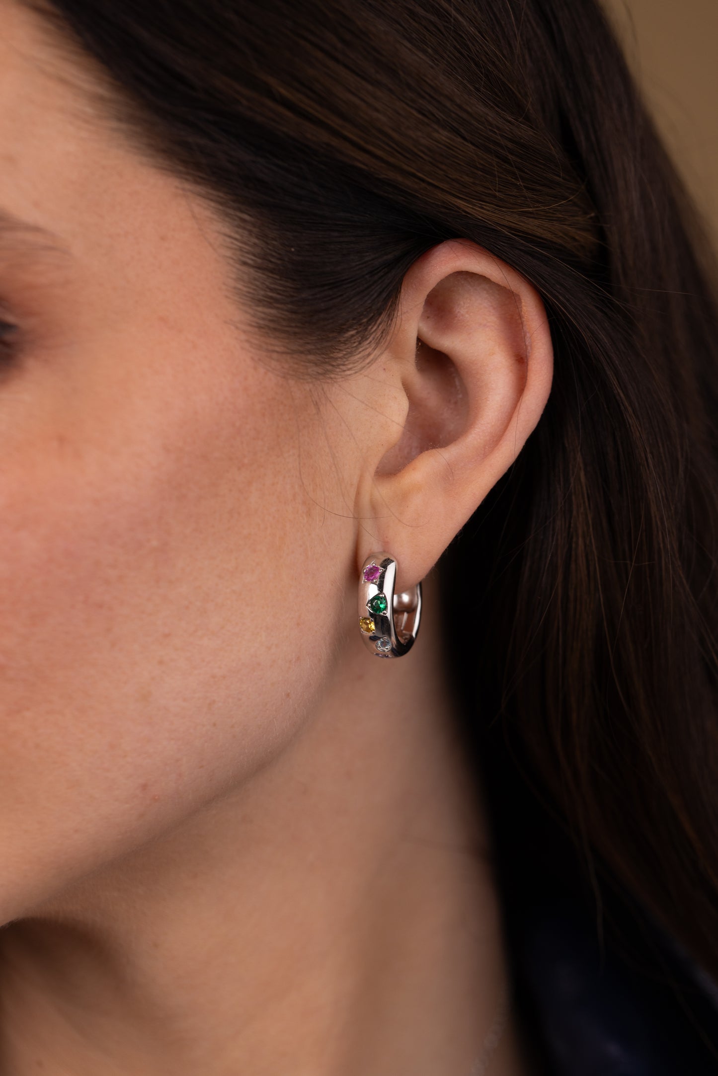 Multicolour Gemstone Hoop Earrings in 925 Sterling Silver with Rhodium Finish | Rose Joy