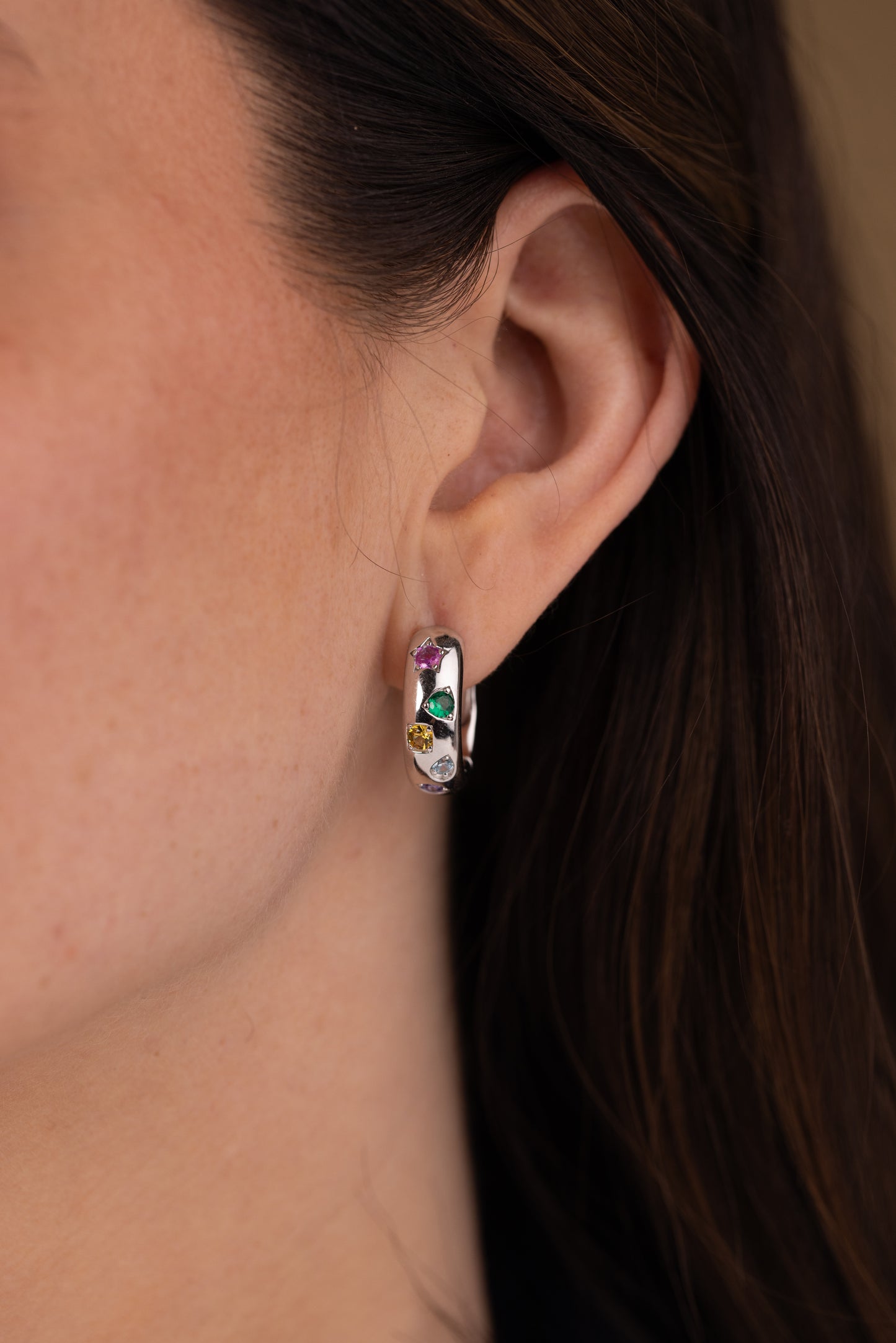 Multicolour Gemstone Hoop Earrings in 925 Sterling Silver with Rhodium Finish | Rose Joy