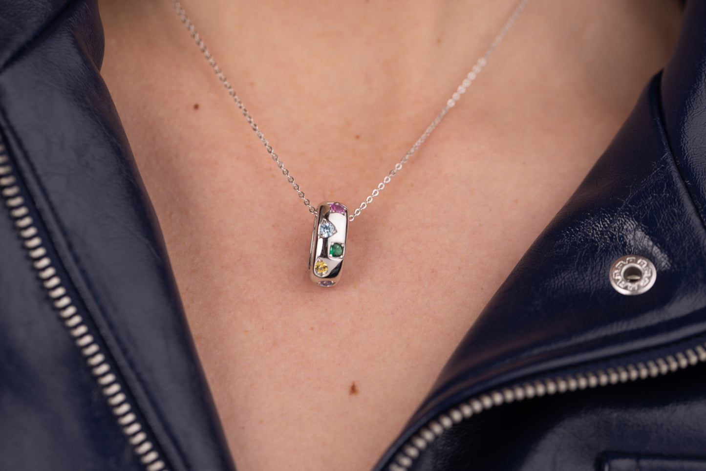 Multicolour Gemstone Bar Pendant Necklace in 925 Sterling Silver with Rhodium Finish | Rose Joy