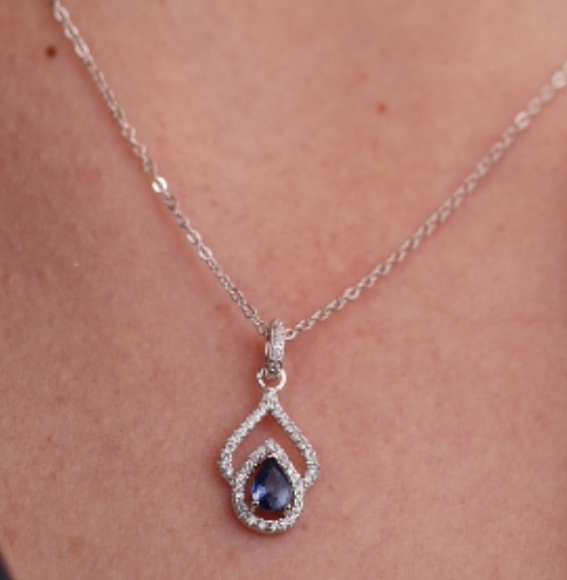 Heirloom Blue Sapphire & Moissanite Teardrop Necklace in 925 Sterling Silver