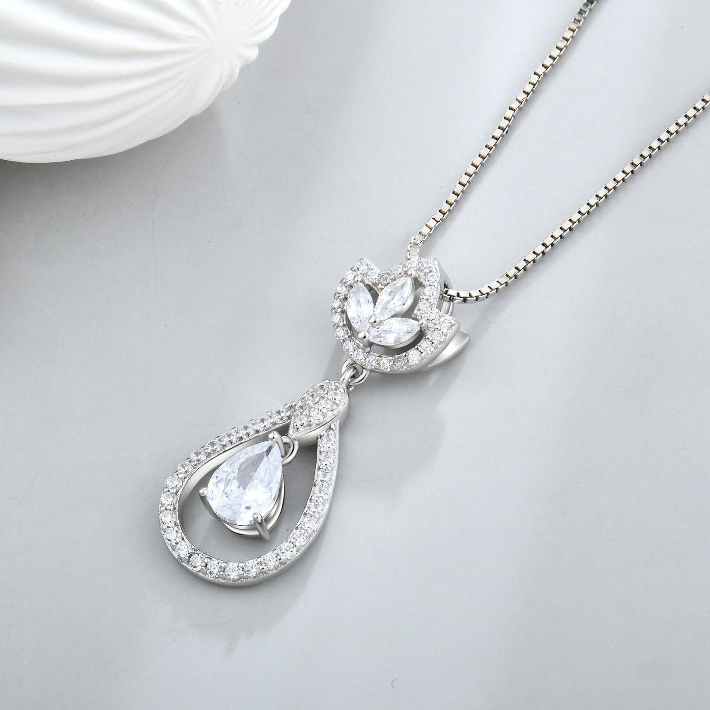Moissanite Teardrop Pendant Necklace UK – Sterling Silver Halo Design | Rose Joy